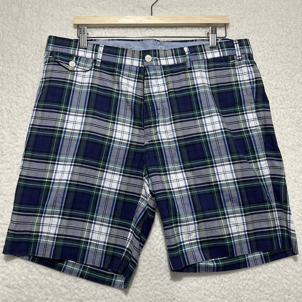 POLO RALPH LAUREN SLIM FIT Mens Flat Front Cotton Prep Shorts Navy Plaid Size 35